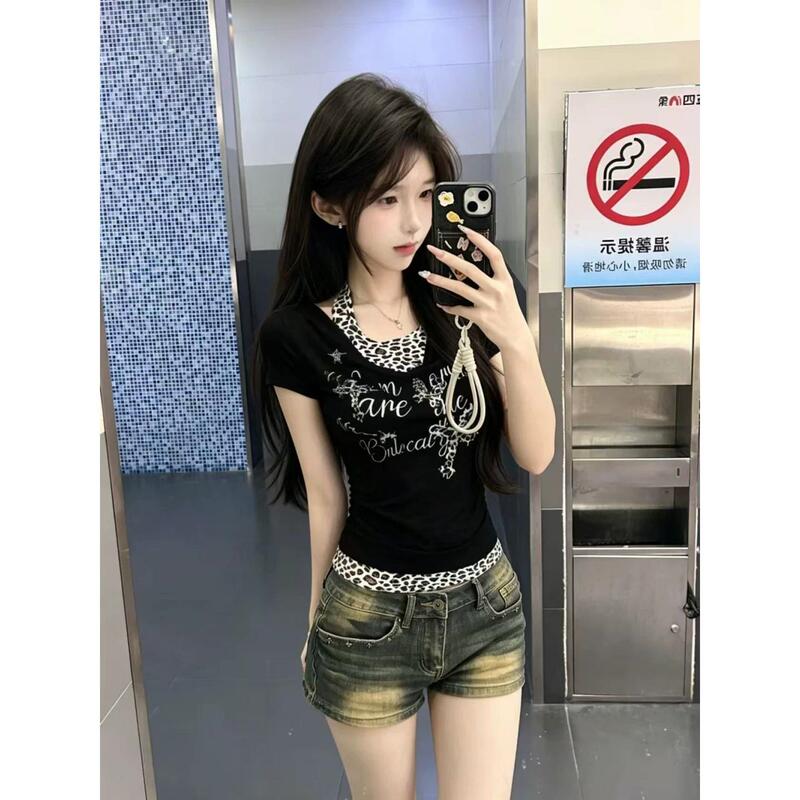 【Fake Two-Piece Bamboo Ribbed Fabric】Printed Top Trendy Halter Neck Fake Two-Piece Short Sleeve T-Shirt for Women Summer Slimming 【Fake Two-Piece Bamboo Ribbed Fabric】Printed Top Trendy Halter Neck Fake Two-Piece Short Sleeve T-Shirt for Women Summer Slimming