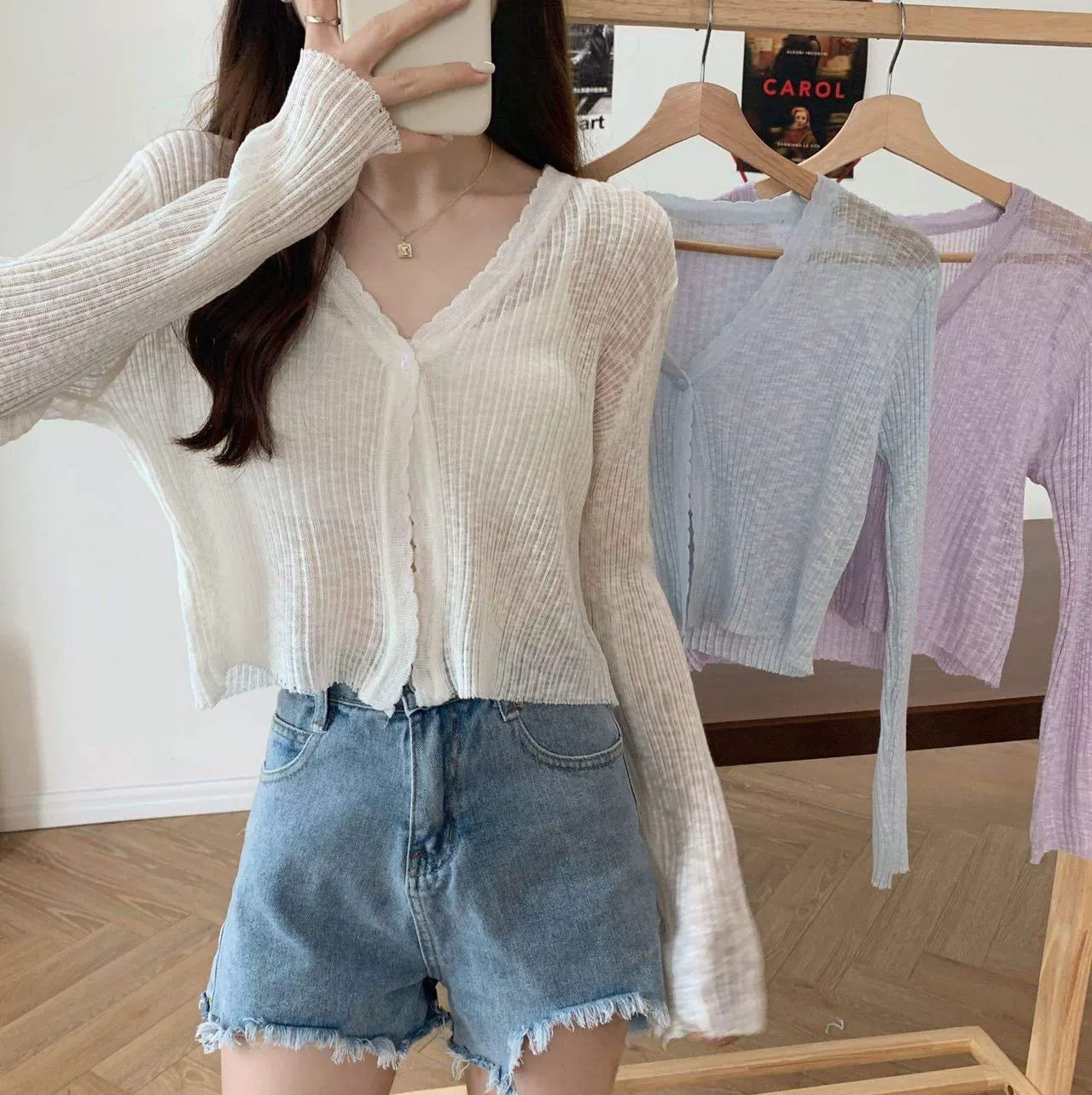 Тонкий летний кардиган с длинным рукавом вязаный свитер женский корейский свободный 2023 укороченный топ солнцезащитный крем куртка