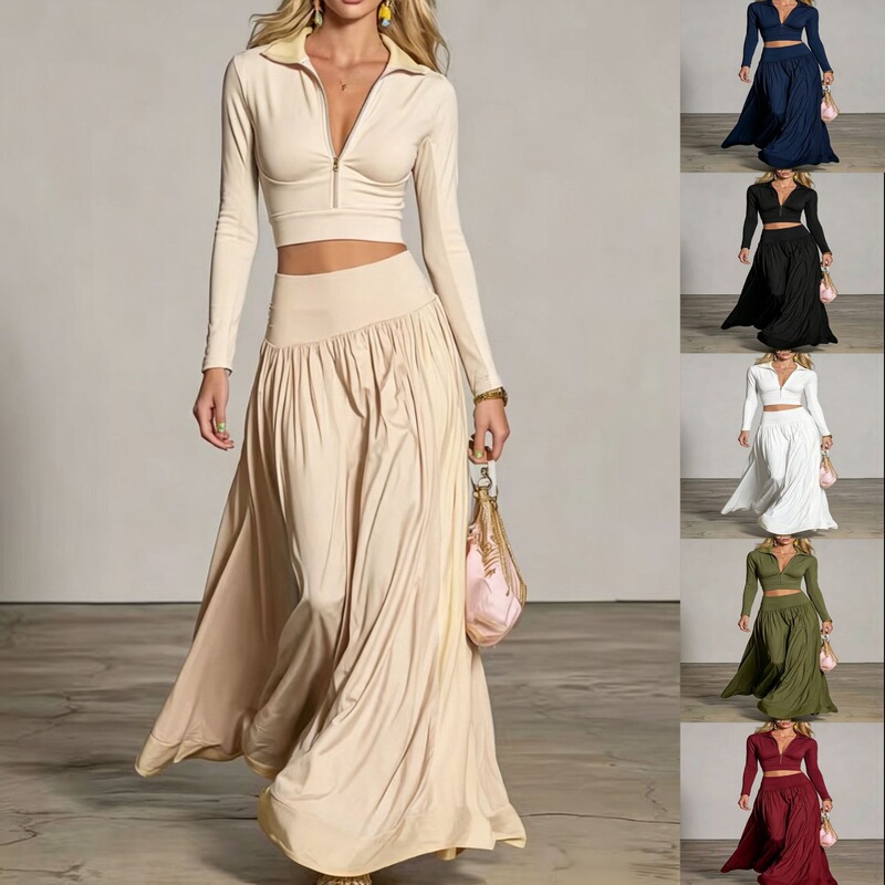 2026 Spring and Autumn Cross-Border European and American Amazon Women's Fashion Casual Dreamy Coastal Style Waist-Revealing Long Skirt Sports Suit 2026 Spring and Autumn Cross-Border European and American Amazon Women's Fashion Casual Dreamy Coastal Style Waist-Revealing Long Skirt Sports Suit