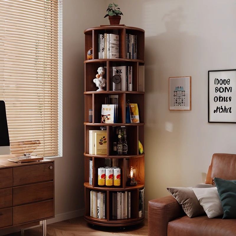 Estantería giratoria de madera maciza completa, estantería de 360 grados, una pieza contra la pared, estante de esquina de piso para sala de estar doméstica móvil
