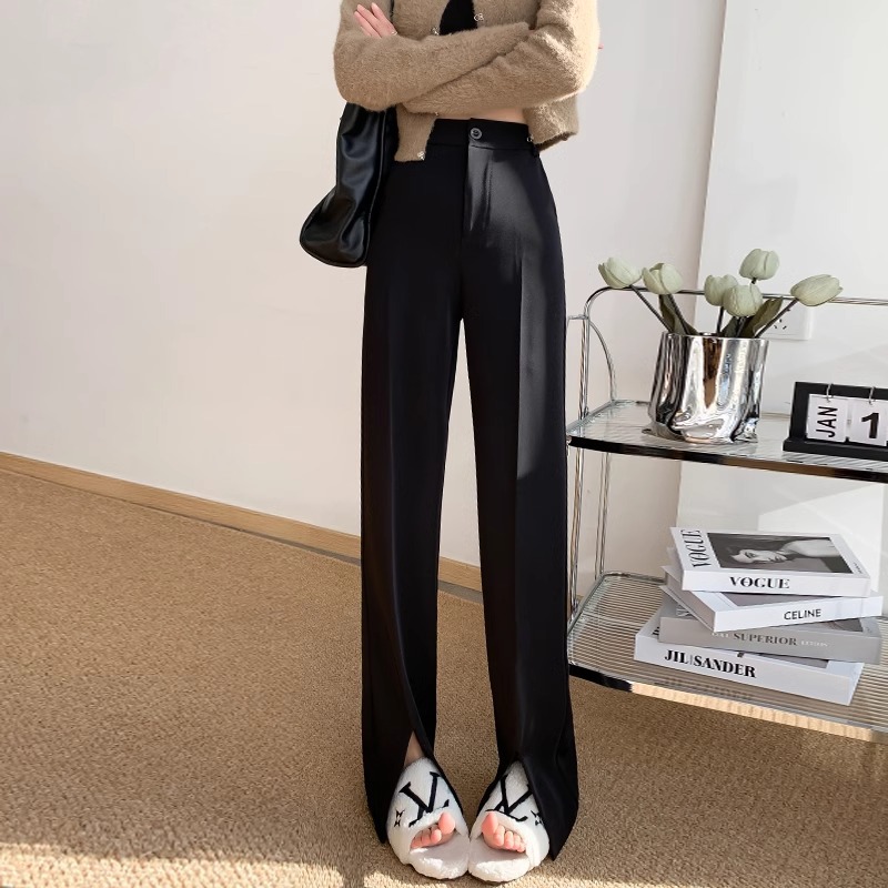 Pantalones de traje negro para mujeres 2024 otoño y invierno más vello cintura alta tenedor recto adelgazamiento de alta calidad pantalones de piernas anchas