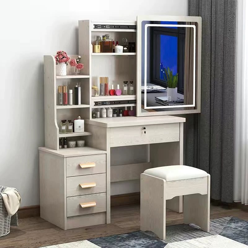 Tocador para apartamentos pequeños, montaje moderno y sencillo, espejo deslizante para dormitorio de princesa, mesa de maquillaje con panel de almacenamiento creativo.