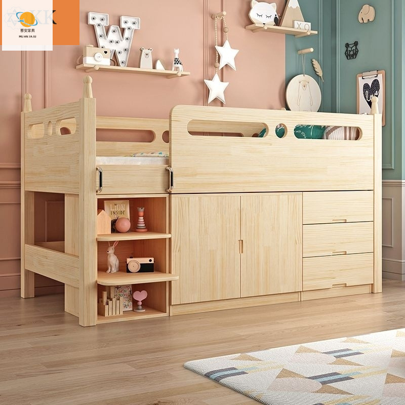 Solid Wood Children's Bed Multi-Functional Combination Small Apartment Half-Height Bed Boy Half-Height Bed Girl Wardrobe Desk Integrated
