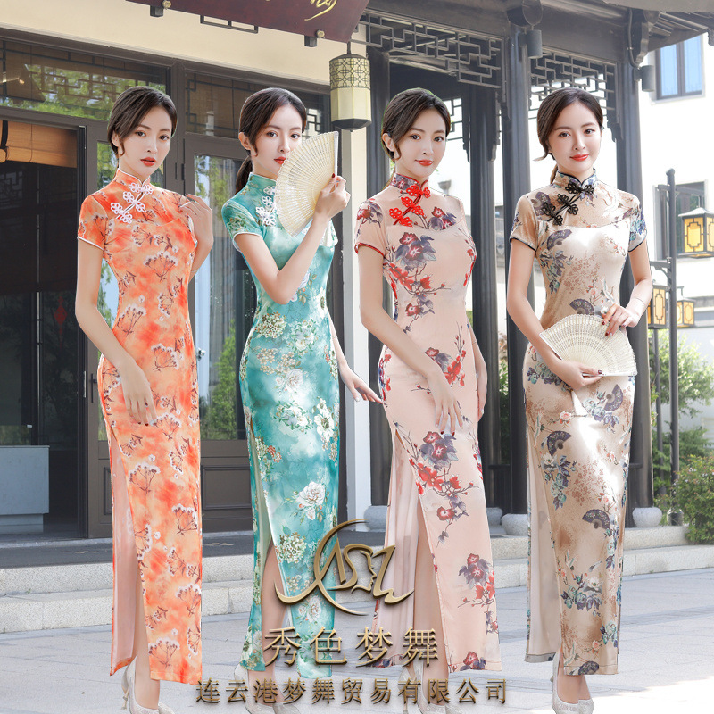 2025年春夏新款涤氨网双层时尚网纱连衣裙改良长款修身走秀旗袍裙