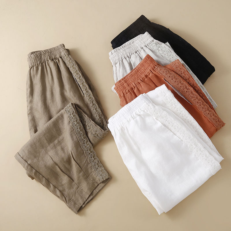 2025年秋夏季蕾丝花边棉麻哈伦女裤女夏季束脚亚麻九分萝卜女裤