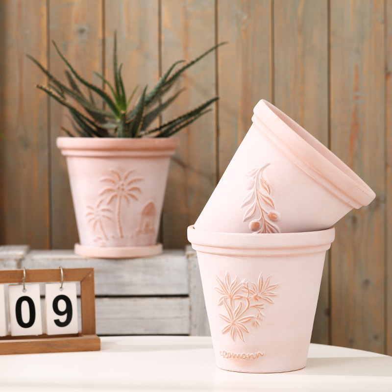 Embossed Simple Matte White Breathable Absorbent Red Clay Flower Pot Plain-Fired Coarse Pottery Pot with Holder for Green Plants, Hanging Orchids, Pothos, and Camellias