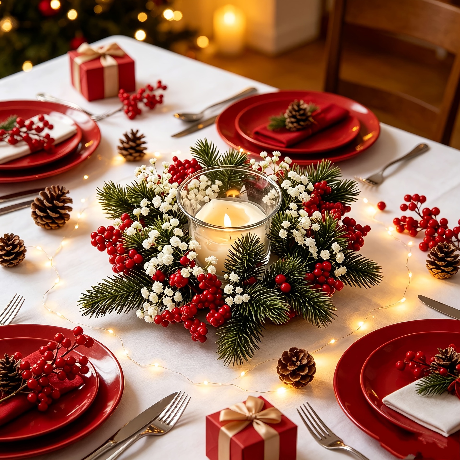 Cross-border artificial pine needle and red berry rose Christmas wreath table decoration Christmas arrangement berry candlestick wreath