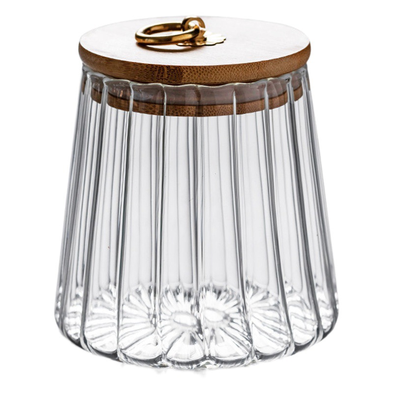 Tarro de té de vidrio de rayas cubierta de bambú metal tire sellado tarro transparente hogar granos de vidrio botella de almacenamiento