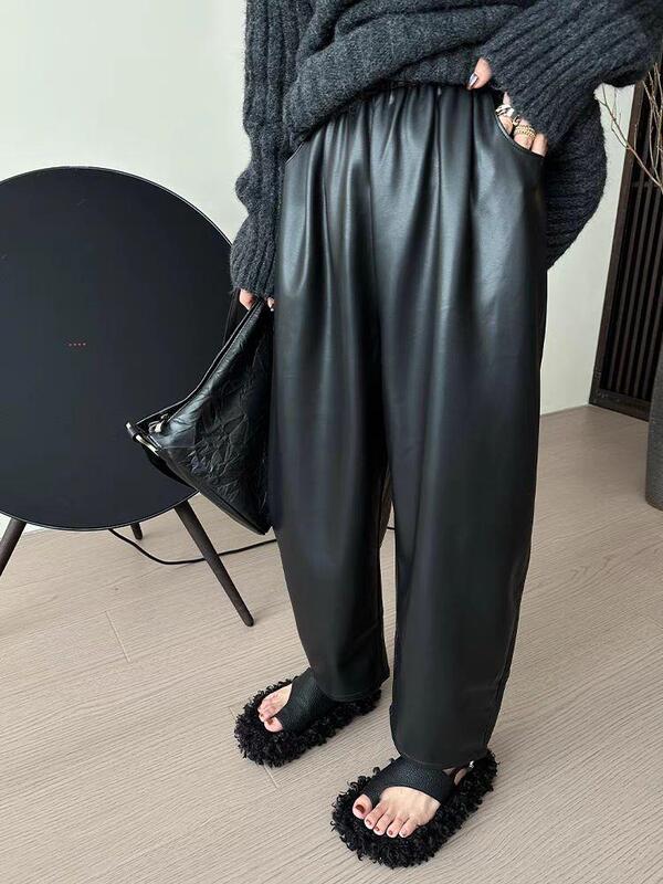 2025新款皮裤女秋季韩版pu皮高腰阔腿裤九分裤百搭时髦哈伦裤女款|undefined