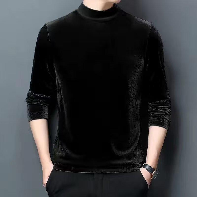 Origen fabricante de la camiseta de manga larga de terciopelo dorado para hombres de gama alta 2024 primavera y otoño nueva tendencia de moda para hombres redondos casuales para jóvenes
