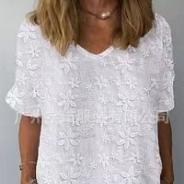 Amazon desea AliExpress 2023 verano europeo y americano de las mujeres Jersey bordado cuello en V elegante camisa