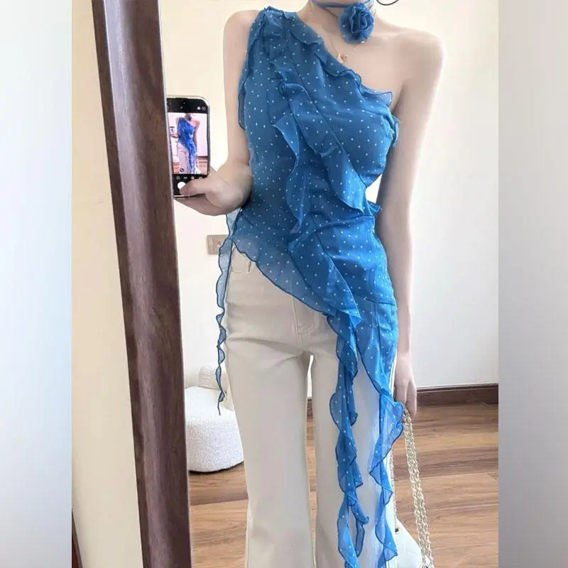 フレンチシフォンシャツ、不規則なリボンフリルトップ、女性用夏の美しいスーパーハンサムなブーツカットジーンズスーツ|undefined