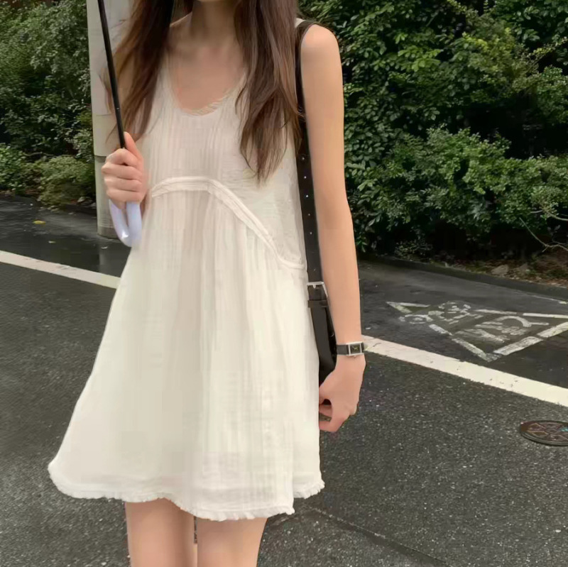 Mona Xh Korean-Style Sweet and Gentle Tank Dress Dongdaemun Summer New Solid Color U-Neck Slimming A-Line Dress Mona Xh Korean-Style Sweet and Gentle Tank Dress Dongdaemun Summer New Solid Color U-Neck Slimming A-Line Dress