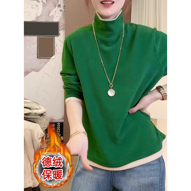 Contrast Color Design Autumn and Winter New Style Fake Two-Piece High-Neck Double-Sided Velvet Warm Long-Sleeved Bottoming Shirt for Women