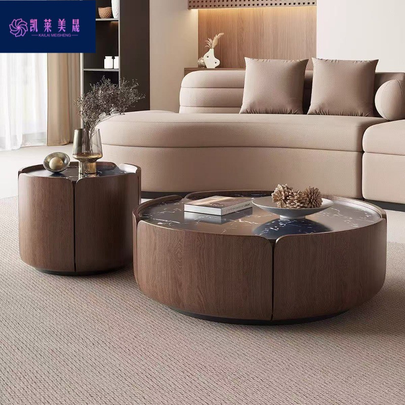 Kk New Retro Style Solid Wood Marble Round Coffee Table Round Slate Coffee Table Light Luxury Living Room Home Small Apartment Style
