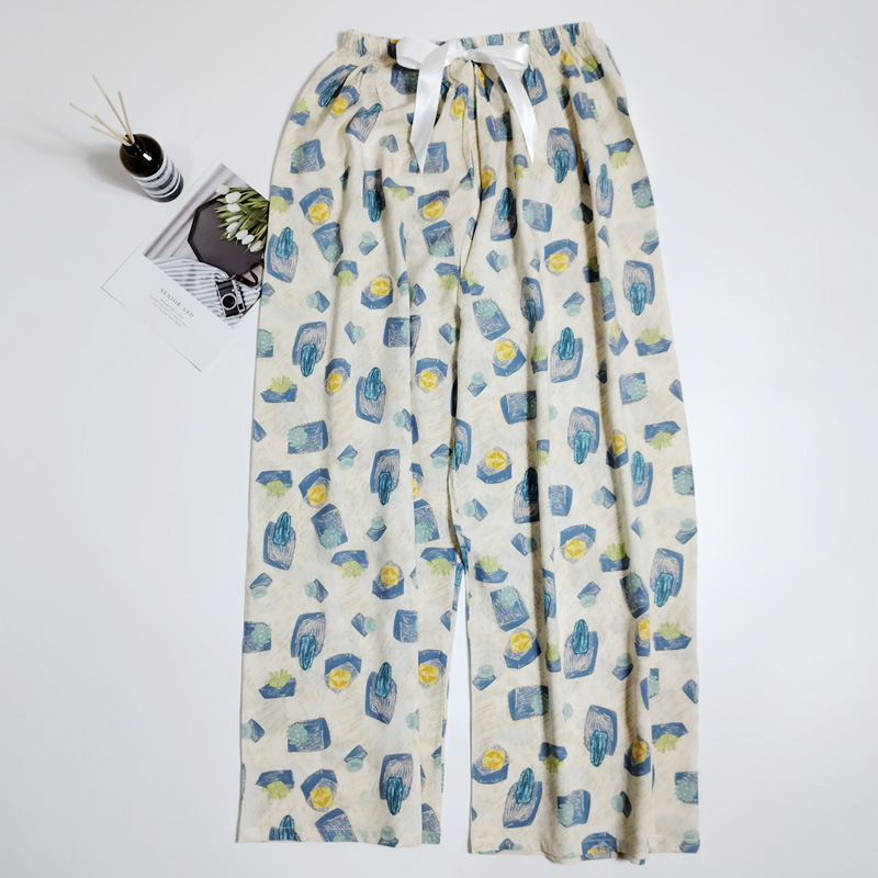 Pantalones de pijama de verano Source 45 de algodón y seda, pantalones anchos de nueve puntos para mujer, finos, talla grande, pantalones holgados para aire acondicionado, pantalones de playa