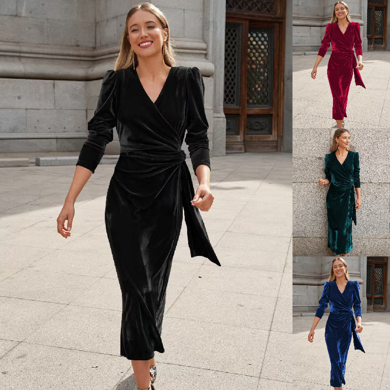 2024 Amazon cross-border autumn new long sleeve dress French design evening dress gold velvet skirt women