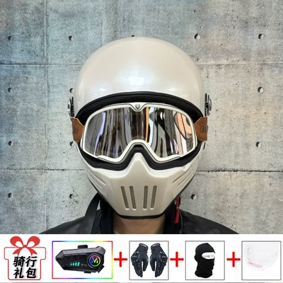 Motosiklet kaskı (dəbilqə) – Full-Face Helmet, Suitable for All - pearl-white-with-retro-silver-goggles-transparent-mirror-included-y10-soft-wheat-m