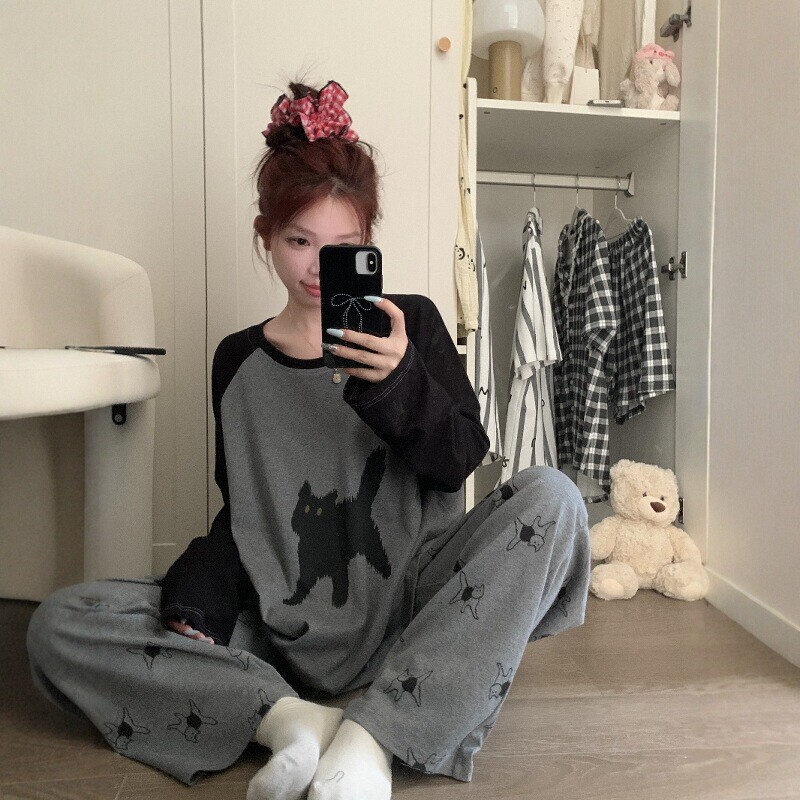 Pajamas for Women, Simple Korean Style 2025 New Spring and Autum Large Size Loose Long-Sleeved Versatile Pregnant Women Can Wear Fat mm to Go Out