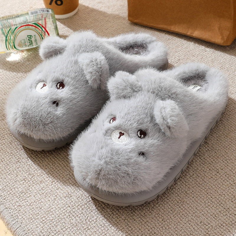 2024 nuevos zapatos de algodón con pajarita de conejo y oso, zapatos de felpa todo incluido para otoño e invierno, zapatos cálidos de suela suave para el hogar