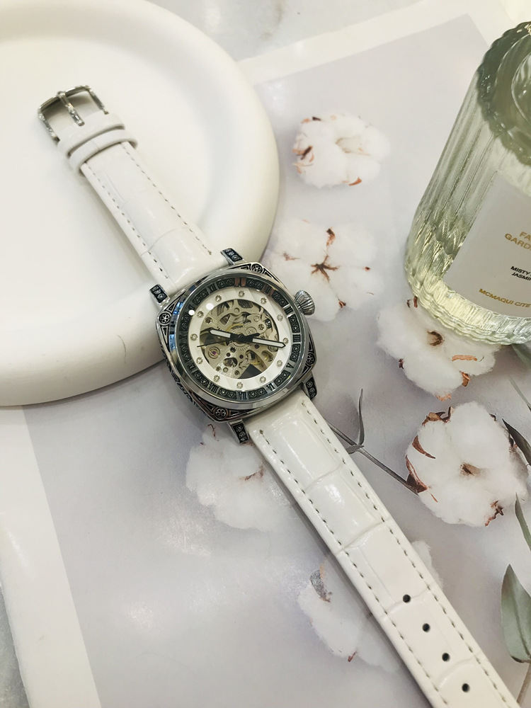 Double-sided hollow women's watch mechanical watch square retro carved Internet celebrity high-end couple watch men's watch belt_voghion.com