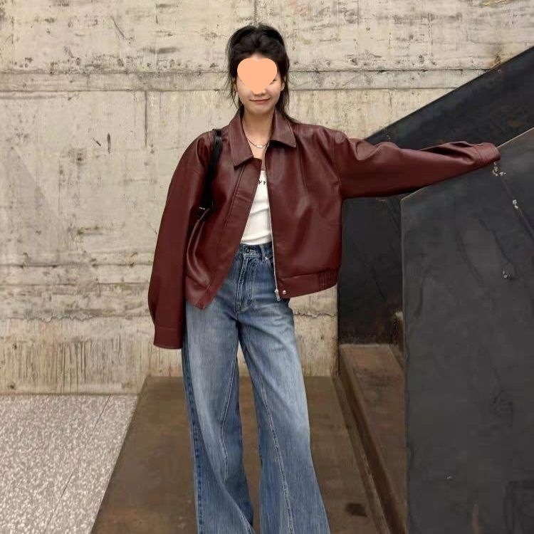 安可拉红皮衣外套女感2025新款美式机车小个子pu夹克上衣|undefined