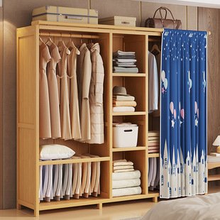 Simple wardrobe household bedroom rental house solid wood coat rack economical wardrobe assembly storage hanging cabinet