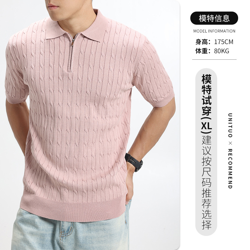 Polo de hielo transfronterizo camiseta de punto de manga corta para hombres Casual medio abierto zip Jacquard camiseta para hombres