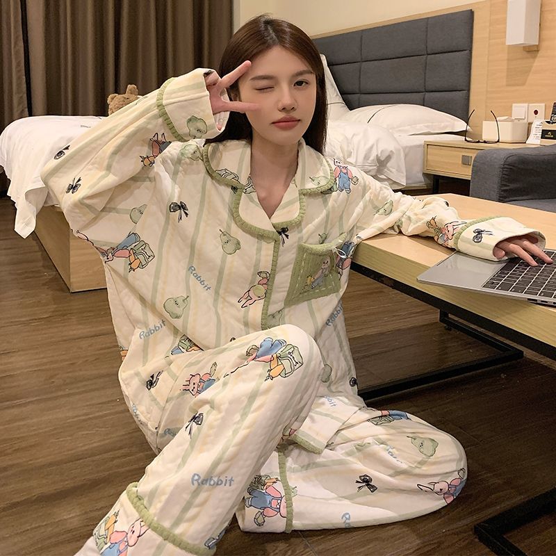 Air Cotton Sandwich Pajamas for Women, Winter Warm Cardigan, Long-Sleeved Pants, Sweet and Cute Home Clothes for Girls That Can Be Worn Outside