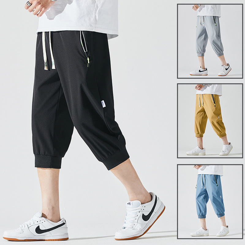 Summer Ice Style Casual Men's Capri Pants Japanese Style Simple Loose Straight Leg Pants Men's Elastomic Capri Pants