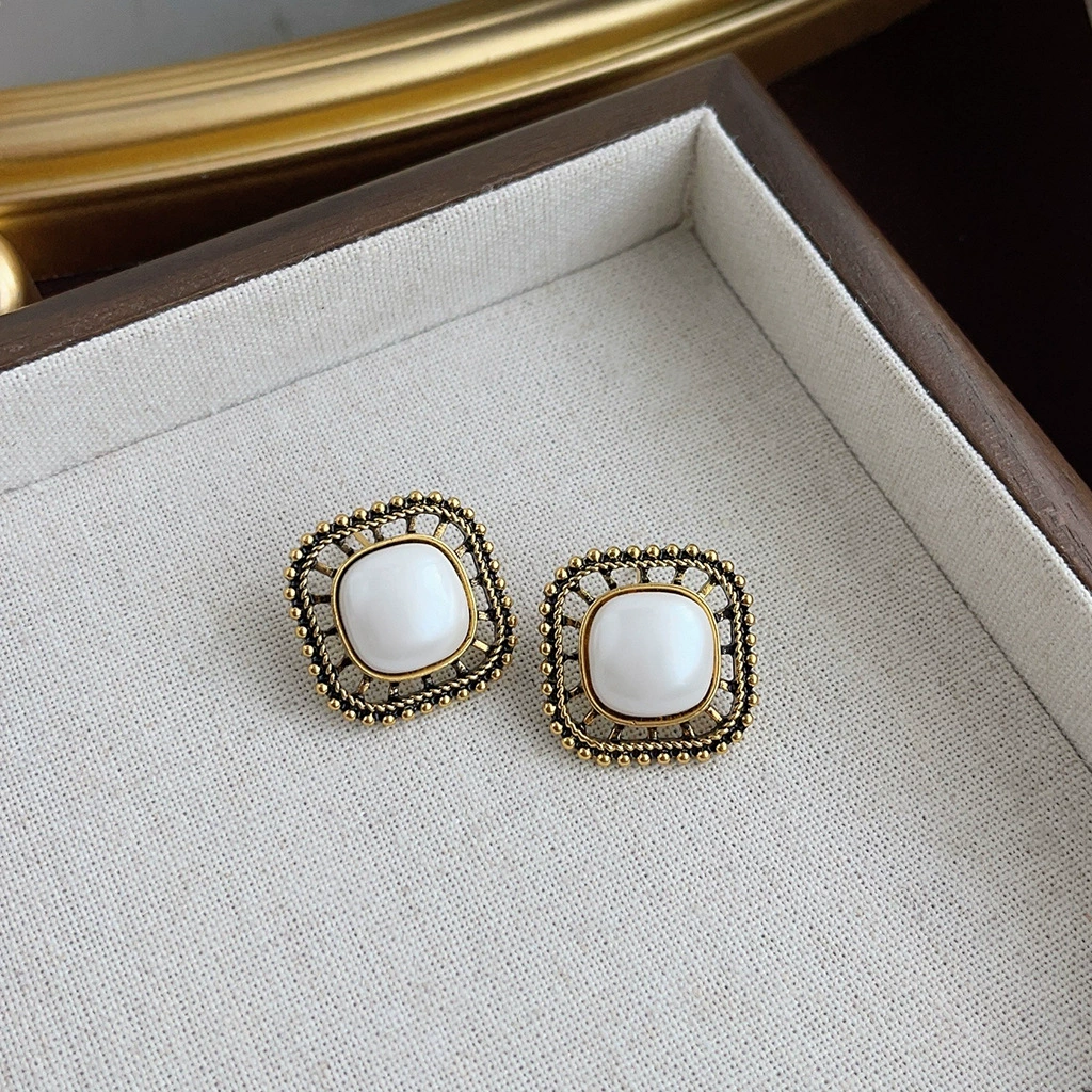 Retro Pearl Earrings, 925 Silver Posts, Light Luxury Vintage Geometric Style