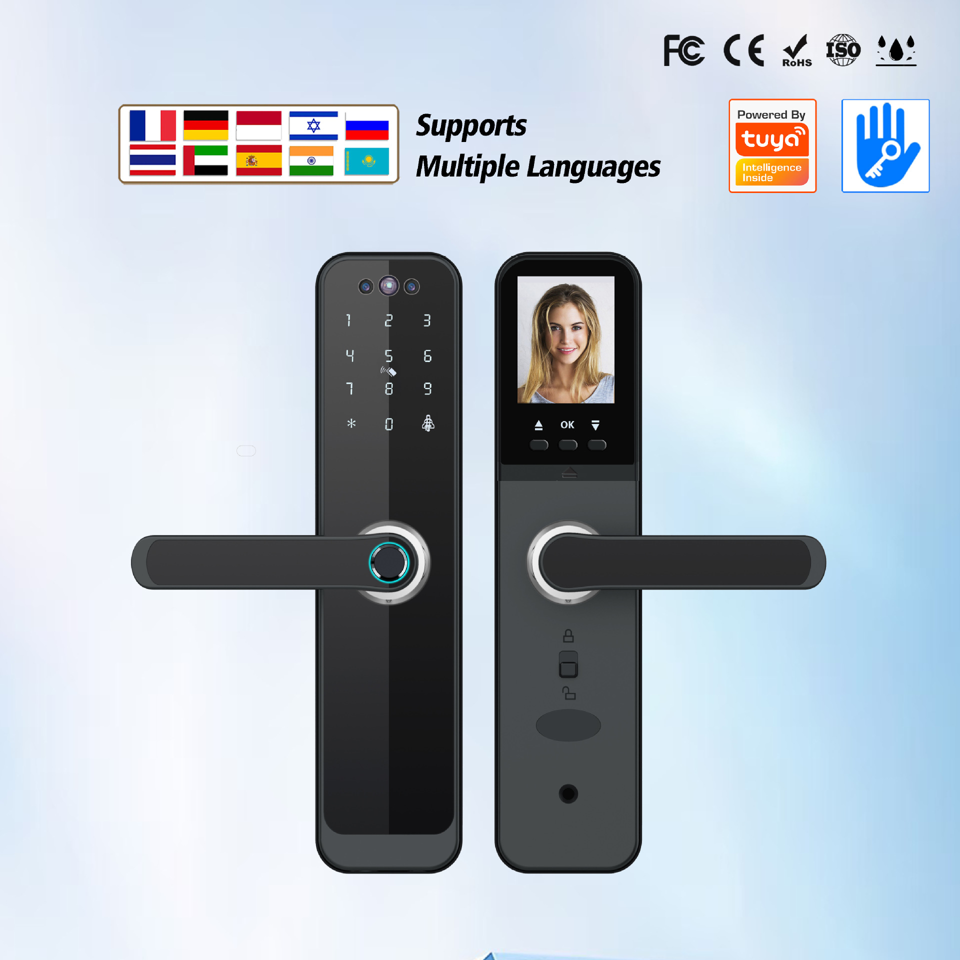 半自动密码锁指纹入户门葡萄牙语人脸智能锁锂电池APP远程摄像头