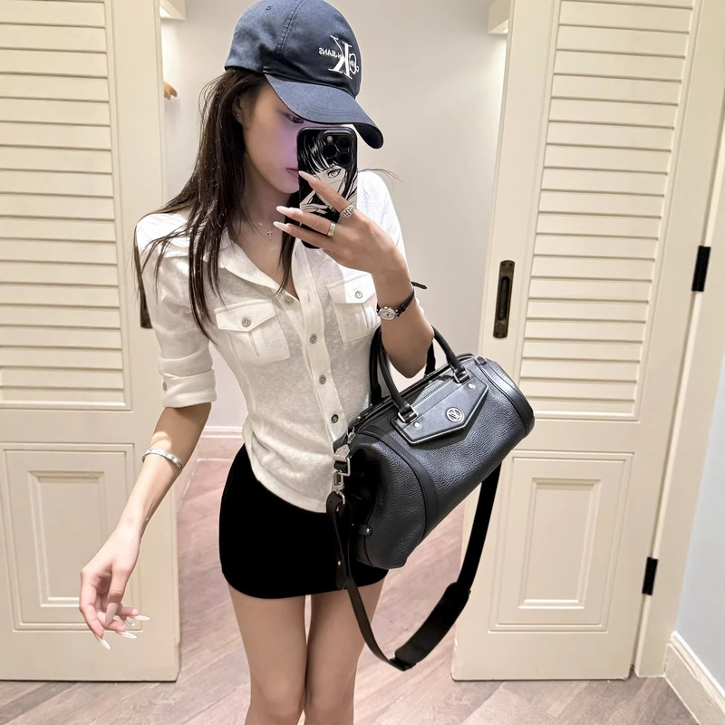 Yolo Shop Hot Girl Style Knitted Short Sleeve Stretch Work Shirt for Women White Polo Collar Versatile Top