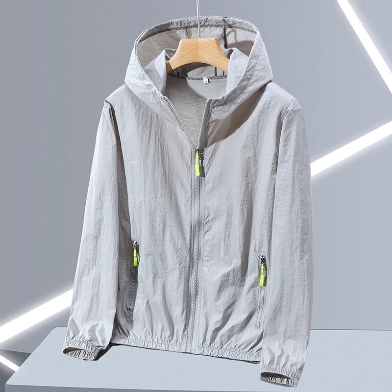 Sun Protection Clothing for Men and Women, Solid Color Ice Silk Long-Sleeved Thin Quick-Drying Sports Zipper Hooded Breathable Couple's Skin Jacket