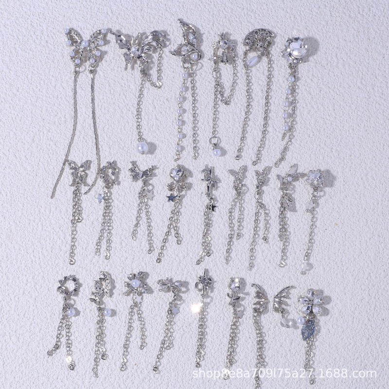 Nail Art Butterfly Starburst Knot Wearable Nail Long Tassel Pearl Pendant Chain Nail Decoration Accessories Factory