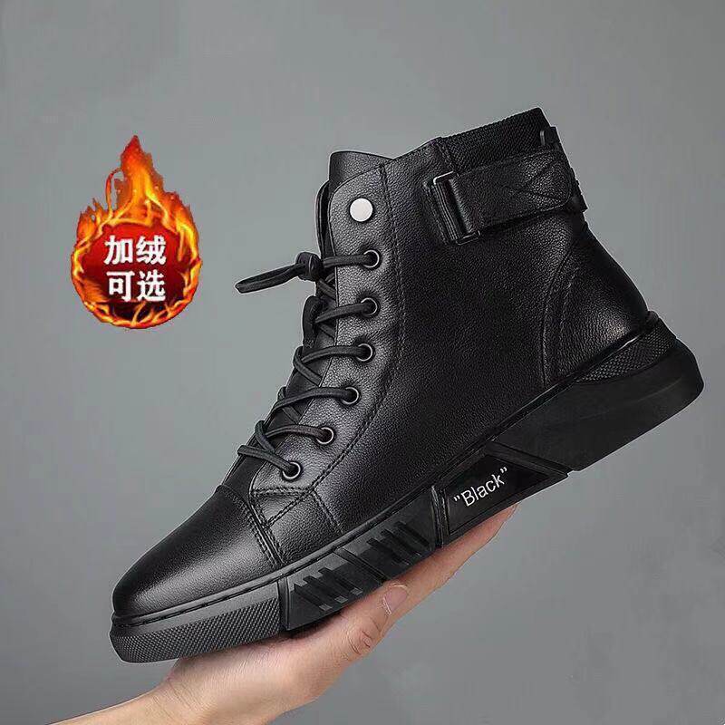 Bốt Martin nam cổ trung da bò lộn, đế cao su, phong cách Hàn Quốc — Giày một lớp màu đen, Màu đen lót nhung, Màu đen lót nhung (tăng chiều cao bên trong)