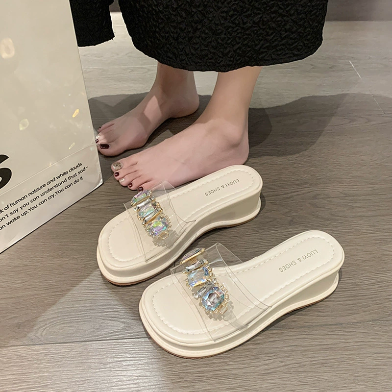 Мафли с толстым дном на склоне и тапочках на каблуках для женщин летом носят сетку красная фея ветра прозрачные стразы с сандалиями на высоком каблуке