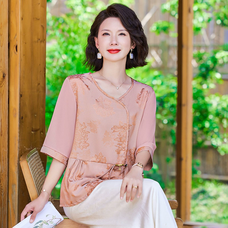 Новая мама летняя футболка иностранная женщина среднего и пожилого возраста простой новый китайский стиль национальный стиль с семью рукавами рубашка женская рубашка