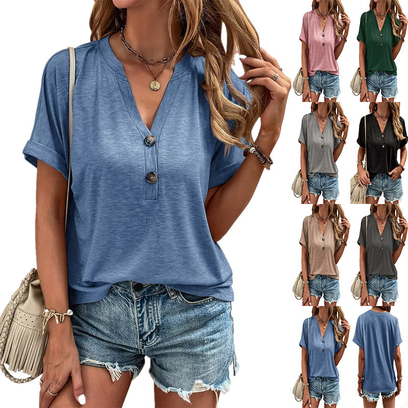 2023 Spring and Summer Foreign Trade Women's Clothing Amazon Wish Cross-Border New European and American Tops Solid Color Twist-Button Short-Sleeve Women's Button-Up Shirts