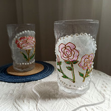 日式冰川紋玻璃杯耐高溫高顏值少女心飲料杯人工手繪花卉圖案水杯
