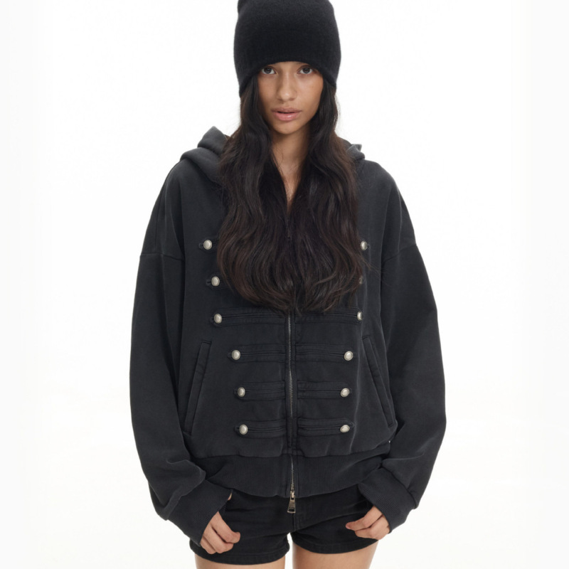Cross-border dark gray washed Napoleon hoodie, distressed washed hooded jacket, women's loose and versatile cardigan top, trendy Cross-border dark gray washed Napoleon hoodie, distressed washed hooded jacket, women's loose and versatile cardigan top, trendy