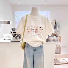 胖mm特大码240斤夏复古彩色刺绣字母宽松减龄短袖打底衫T恤女上衣