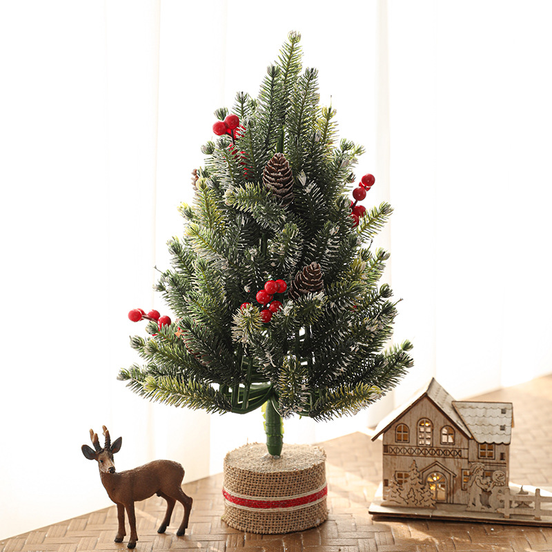 Imitación de plástico verde con nieve mini fruta roja árbol de Navidad decoración de escritorio pequeño regalo de Navidad