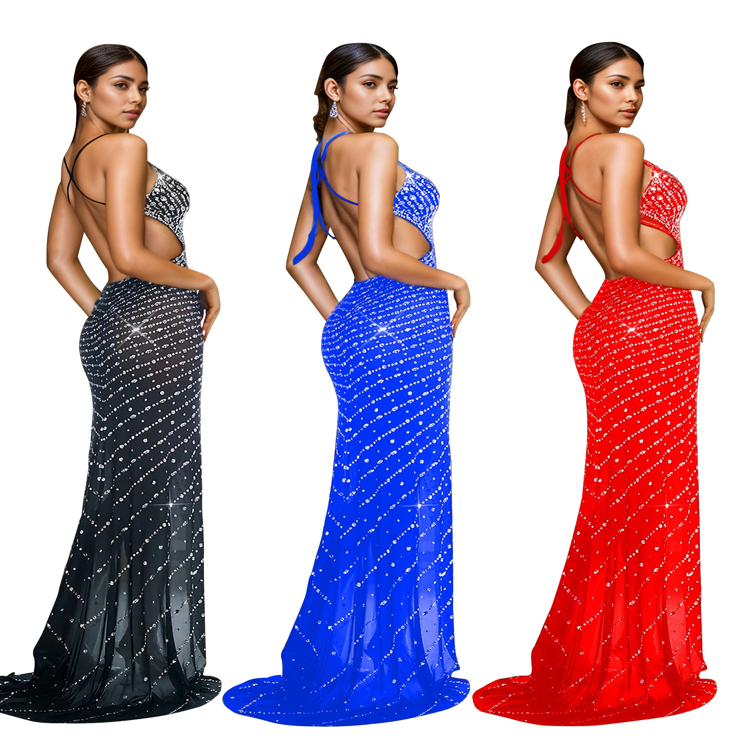 C7023 AliExpress transfronterizo Amazon estación independiente de moda europea y americana ropa de mujer caliente diamante V-collar vestido sin mangas vestido largo
