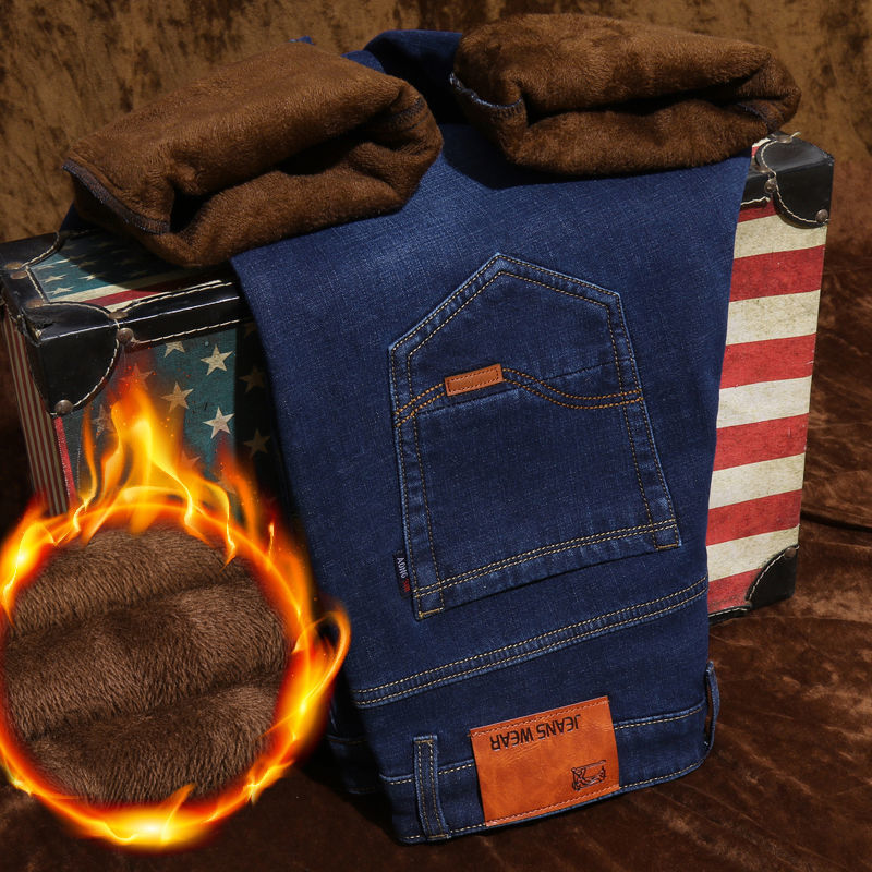 Otoño e invierno hombres más jeans gruesos de terciopelo hombres al por mayor pantalones de pierna recta sueltos de todo fósforo casuales pantalones de algodón cálidos y resistentes al desgaste hombres