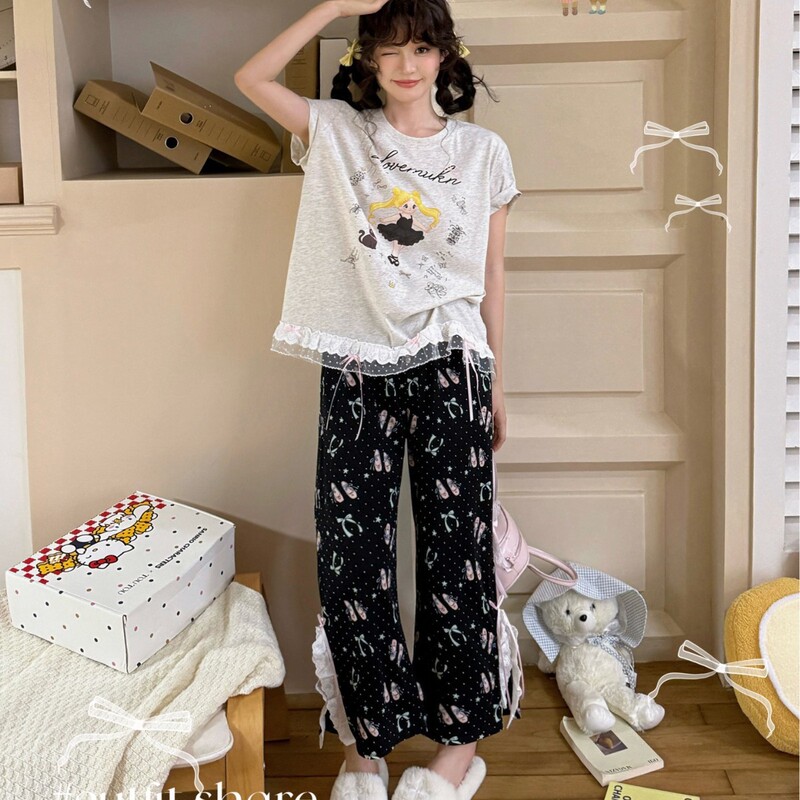 Little Bear's Pajama Collection 2026 Spring/Summer New Pure Cotton Two-Piece Short Sleeve Long Pants Lace Set Homewear Little Bear's Pajama Collection 2026 Spring/Summer New Pure Cotton Two-Piece Short Sleeve Long Pants Lace Set Homewear