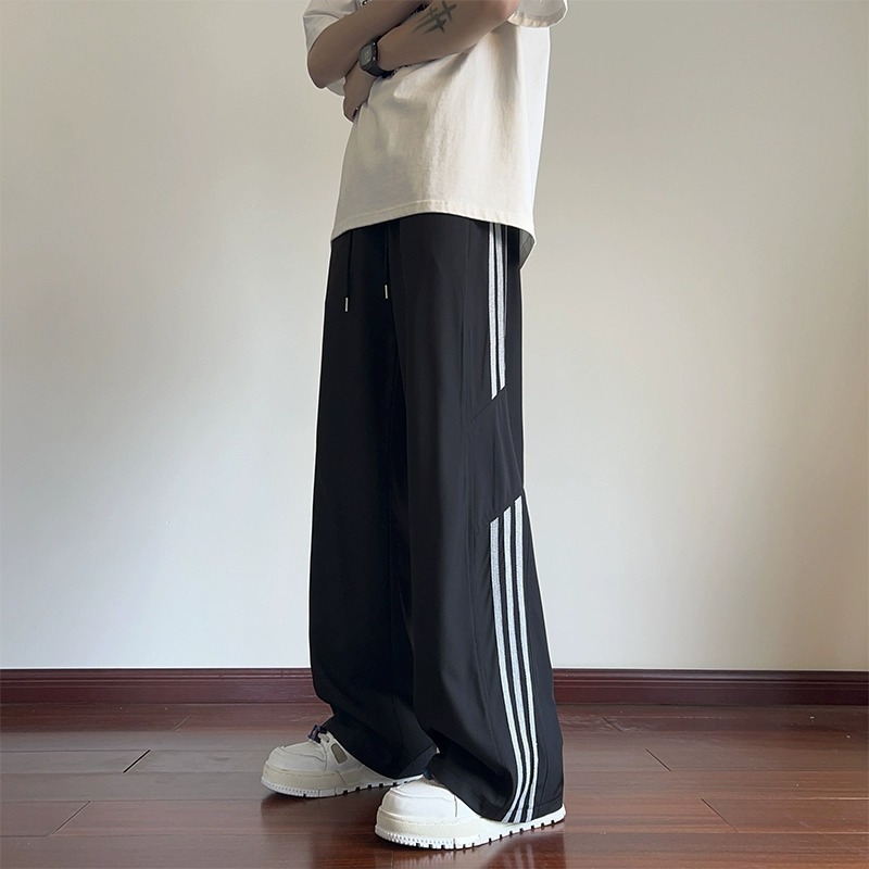 ウッドペッカーストライプアイスシルクパンツメンズ夏薄いルーズストレートワイドレッグパンツ若者新しいカジュアルパンツ|undefined
