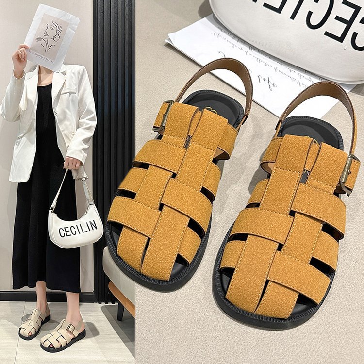 Sandali vintage con punta piatta da donna, primavera estate 2024, nuovi sandali alla moda con zeppa intrecciata e stivaletti romani da spiaggia_voghion.com