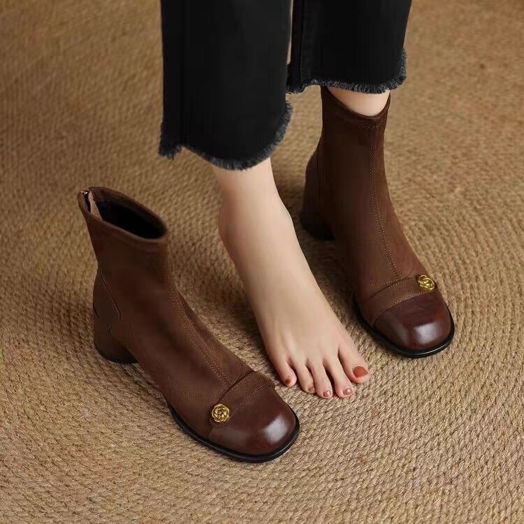 Camellia Suede Splicing High-Heeled Elastic Slim Boots for Women 2025 Autumn and Winter New Thick Heel Ankle Boots Retro Short Boots Camellia Suede Splicing High-Heeled Elastic Slim Boots for Women 2025 Autumn and Winter New Thick Heel Ankle Boots Retro Short Boots