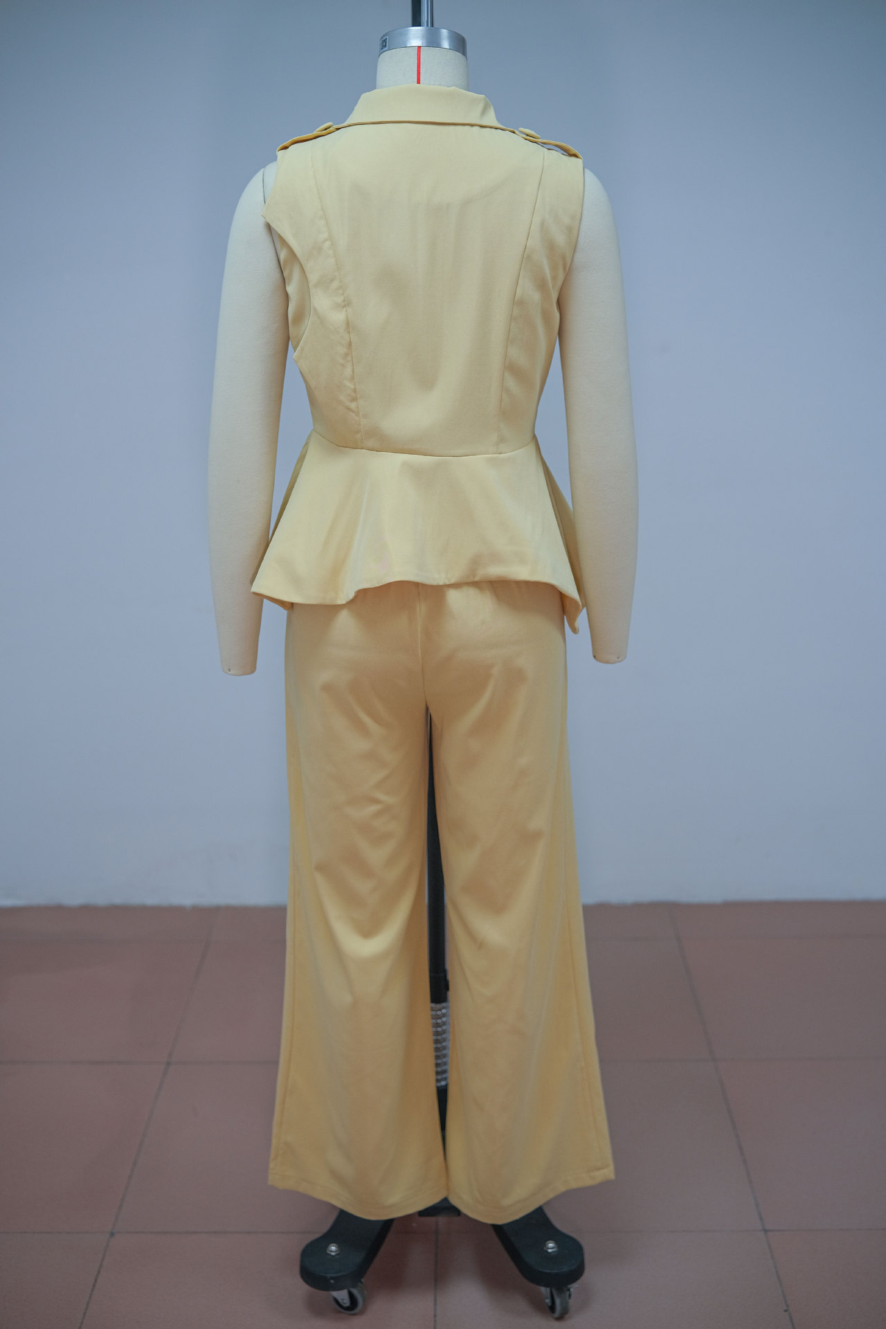Women's Summer Fashion V Neck Button Up Ruffled Wide Leg Pants Set Solid Color American Style_ecoleips.com